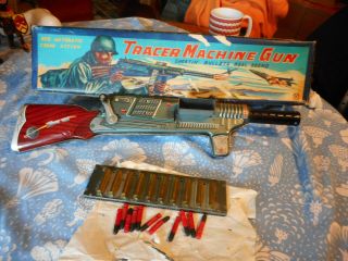 Vintage Tracer Tin Machine Gun Bullet Shooting Tin Toy W Box 50s
