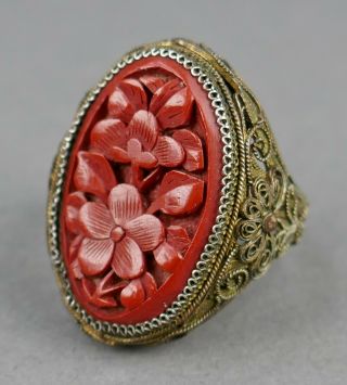 Fine Antique Chinese Carved Red Cinnabar Lacquer Floral & Filigree Ring Sz 7 1/2
