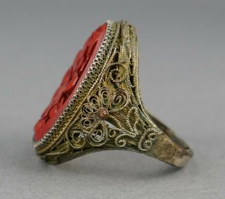 Fine Antique Chinese Carved Red Cinnabar Lacquer Floral & Filigree Ring Sz 7 1/2 2