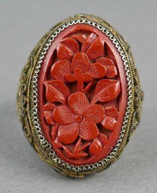 Fine Antique Chinese Carved Red Cinnabar Lacquer Floral & Filigree Ring Sz 7 1/2 3