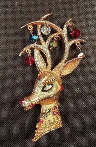 Vintage Mylu Gold Tone Rhinestone Christmas Reindeer Pin