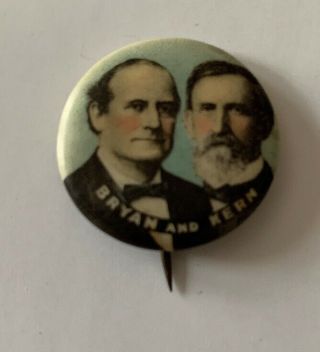 1908 William Jennings Bryan Kern Jugate Presidential Campaign Button Pinback Pin