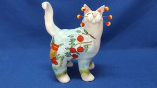 Amy Lacombe Annaco Creations Whimsiclay Ceramic Cat Figurine 2002 Blue Red Apple