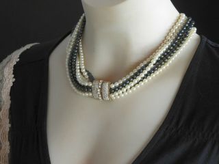 Vintage Set Ciner Necklace Earrings Gold Tone Rhinestone Pearls 7 Rows Bold 17 "