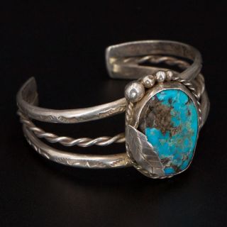 Vtg Sterling Silver - Navajo Turquoise Stone Feather 5.  75 " Cuff Bracelet - 34g