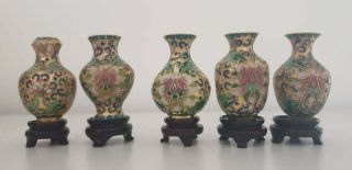 Set 5 Vases Chinese Cloisonne Urn Jar Vase Enamel