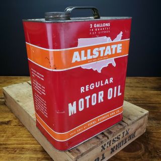 Vintage Empty Allstate Motor Oil Can 2 Gallon Metal Tin Advertising Two Gal