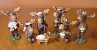 7 Piece Moose Nativity Scene Set Faux Carved Cabin Wood Christmas Lodge Decor