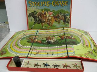 Vintage 1910 Steeplechase Board Game W/ Wooden Dice & Lead Horses J.  W.  Spears