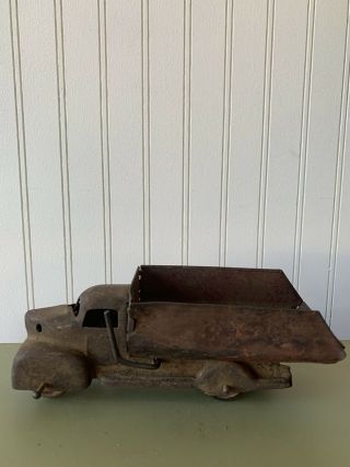 Marx 30s 40s Pressed Steel Dump Truck Tin Toy Rusty Red Bed Vintage