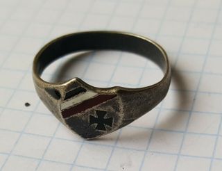 German Silver Signet Ring With Cross And German Flag - 1st War