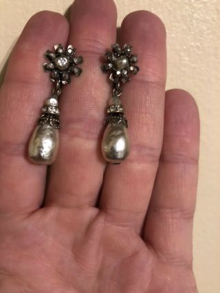 Vintage Miriam Haskell Silver Baroque Rhinestone Pearl Flower Dangle Earrings