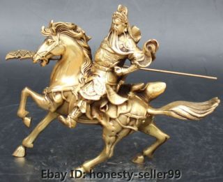 Chinese Brass Horse Guan Gong Yu Warrior God Guangong Hold Knife Statue Nr