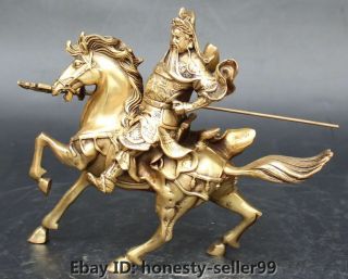 Chinese Brass Horse Guan Gong Yu Warrior God Guangong Hold Knife Statue NR 3