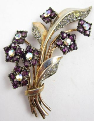 Lovely 1940’s Sterling Retro Style Amethyst Clear Crystal Rhinestone Flower Pin