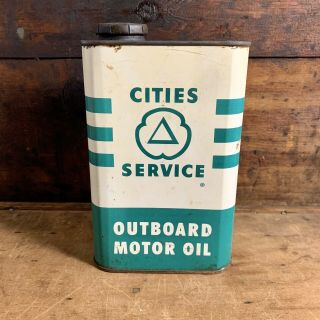 Vintage Green Cities Service Graphic Outboard Motor Oil Flat Quart Can -