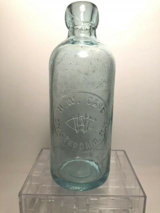Hand Blown Aqua H.  W.  Case Amsterdam,  N.  Y.  Hutchinson Bottle