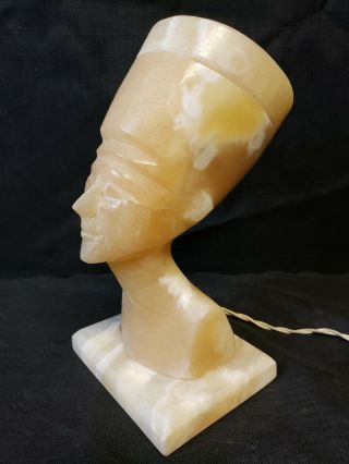 Vtg Carved Alabaster Egyptian Queen Nefertiti Bust Light Lamp Lighted Sculpture