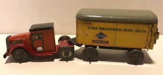 Vintage Lindstrom Keeshin Freight Lines Tin Litho Toy Truck And Trailer