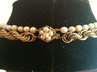 Miriam Haskell Necklace 2 Double Strand Pearl Gold Tone Thick Chain Signed Vtg.