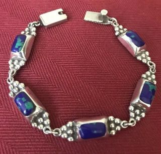Taxco Tt - 51 Mexico Sterling Silver 925 Blue/green Azurite Inlay Link Bracelet 8”