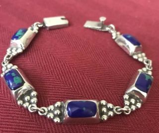 TAXCO TT - 51 Mexico Sterling Silver 925 Blue/Green Azurite Inlay Link Bracelet 8” 2