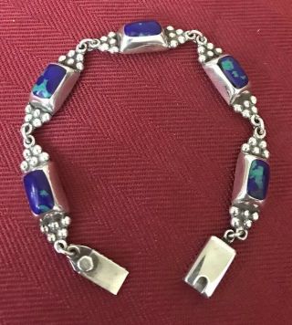 TAXCO TT - 51 Mexico Sterling Silver 925 Blue/Green Azurite Inlay Link Bracelet 8” 3