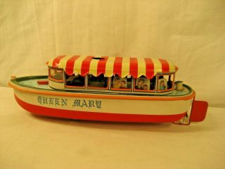 Vintage San Japan Queen Mary River Boat Tin Litho Battery Operated 12 1/2 " Work