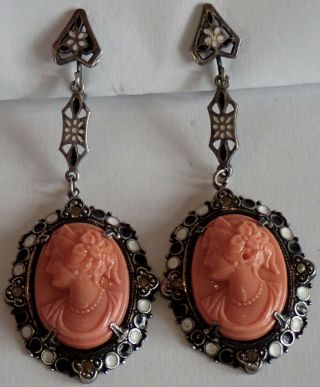 Antique Art Deco Sterling Silver Enamel Marcasite Coral Glass Cameo Earrings