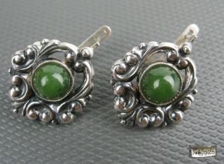 Earrings Silver 925 Stamp Natural Green Stones Soviet Russian Ussr 7,  87g