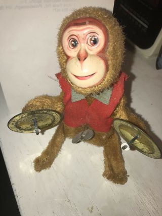 Vintage Rare Tin Litho Wind Up Toy Monkey Playing Cymbals
