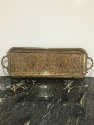 Large Antique Indian/persian Hand Chased & Enamel Brass Tray 28” Huge