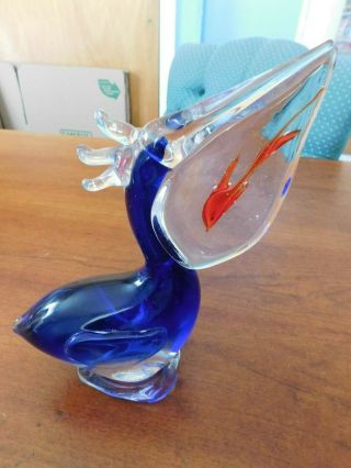 Murano Art Glass Pelican Cobalt Blue And Clear With Fish In Mouth 8 1/4 " High
