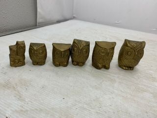 Vintage Brass Owl Set Of 6 Paperweight Figurine Collectible Family