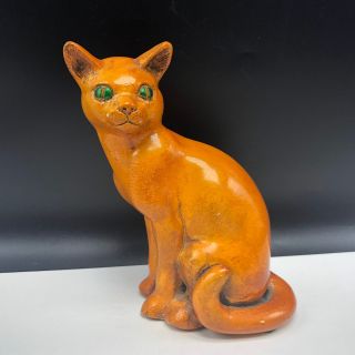 Cat Figurine Sculpture Vintage Statue Bookend Orange Tabby Kitten Green Jade Eye