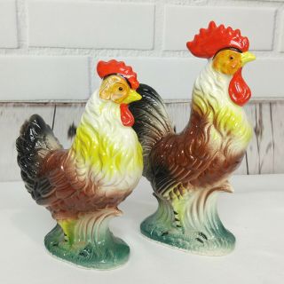 Vintage Pair Rooster Hen Chicken Farmhouse Kitchen Japan Ceramic Figurines