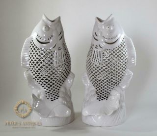 Mid - Century Chinese Blanc De Chine Porcelain Fish Lamps