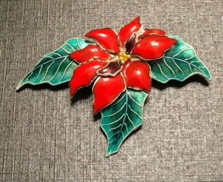 Vtg Sterling Silver Enamel Poinsettia Christmas Flower Figural Pin Brooch 925
