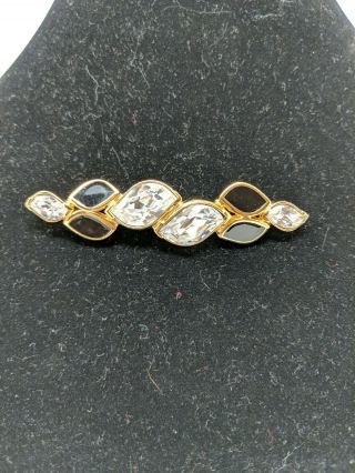 Christian Dior Signed Brooch With Clear Stones And Black Enamel
