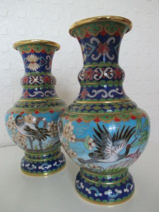 Chinese Oriental Cloisonne Enamel Vases Decorated With Birds