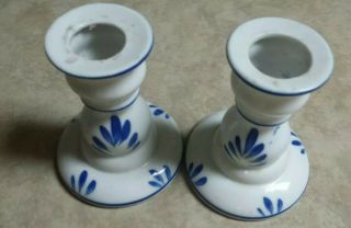 Blue & White Porcelain Candlestick Candle Holders Pair 3 " Tall Holiday Decor