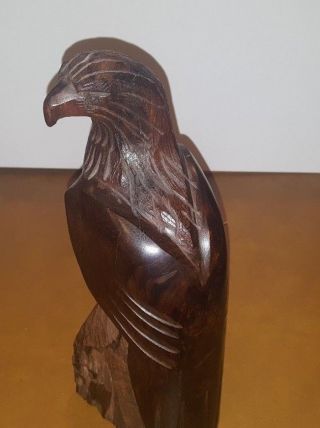 Hawk Falcon Eagle Carving Dark Wooden Statue Iron Wood Carved Standing Bird 10”