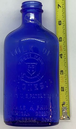 Vintage Cobalt Blue Phillips " Milk Of Magnesia " Embossed 7” Glass Bottle