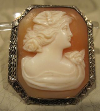 Vintage Cameo Pendant And/or Brooch 14k White Gold - Art Deco Lady Profile