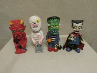 Vintage 4 Halloween Monster Nodders Bobble Heads,  Devil Vampire,  Frankenstein