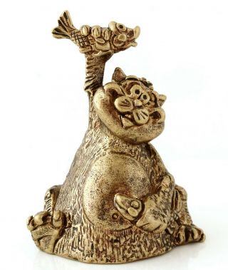 Fat Cat With Fish Brass Bronze Hand Bell Vintage Style Russian Collectible