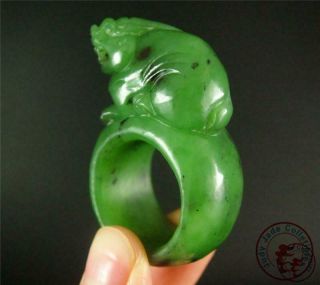 Fine Old Chinese Spinach Green Jade Carved Thumb Ring Powerful Dragon