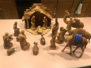 Vintage Olive Wood 18 Piece Nativity Set Hand Carved In The Holy Land