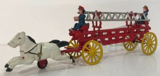 Vintage Cast Iron Horse Drawn Hook & Ladder Wagon Fire Truck – 2 Horses