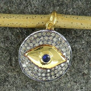 Pave Diamond 925 Sterling Silver Gold Sapphire Evil Eye Charm Pendant Necklace